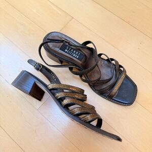 Stuart Weitzman Brown Leather Gold Chain Low Heel Strappy Sandals 8.5
